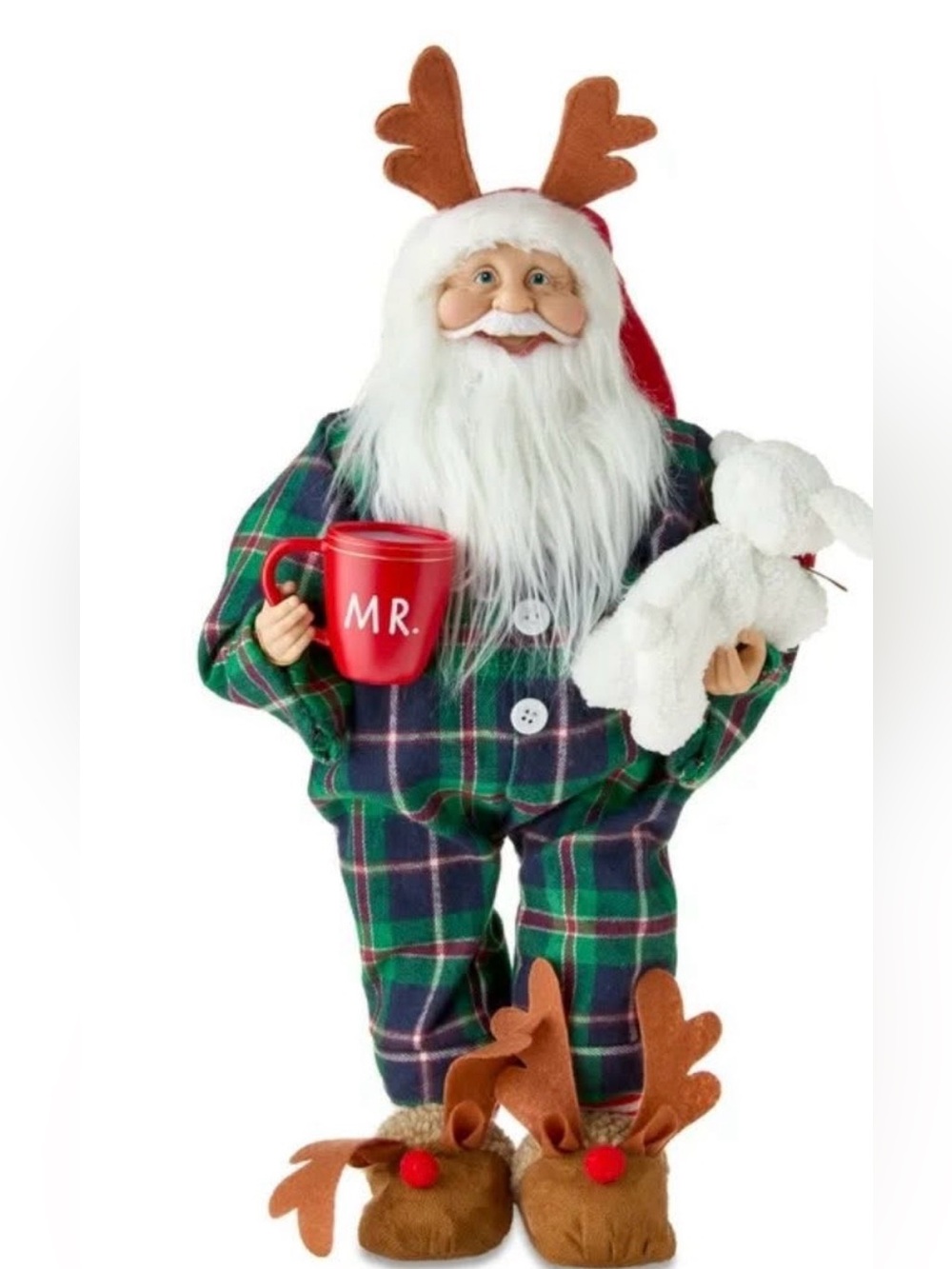 NWT Christmas Standing Santa Claus Decor with Reindeer Antlers & Pajamas